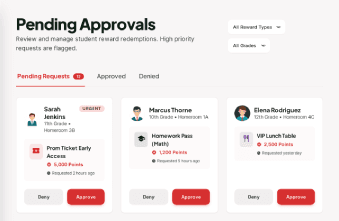 Reward fulfillment interface showing a teacher approving student reward requests with options to mark as fulfilled, send notifications, and manage digital or physical rewards, clean design