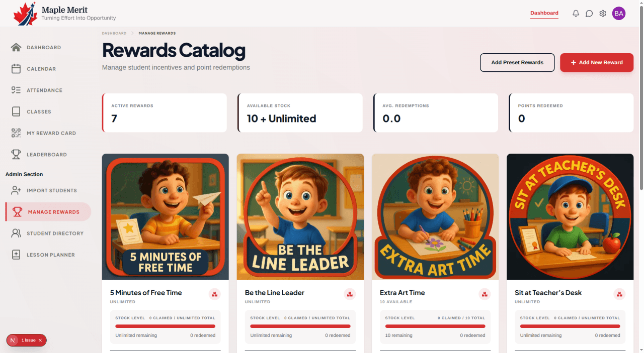 Reward Management interface showing a colorful storefront with various reward items displayed in a grid, playful design elements