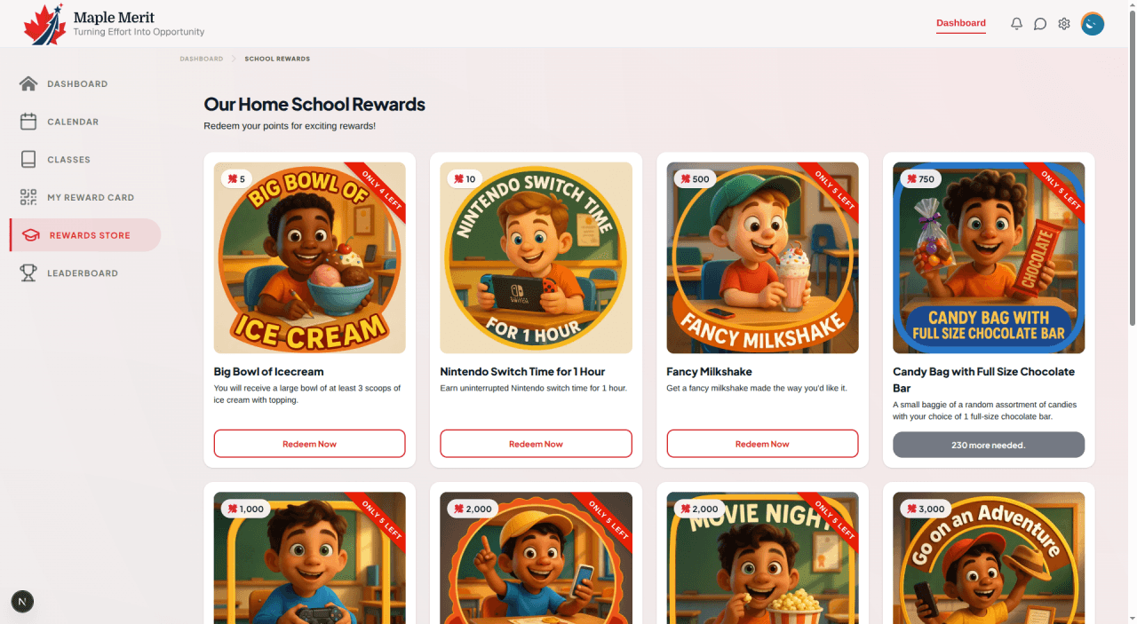 Student-facing reward store interface showing a colorful storefront with various reward items displayed in a grid, playful design elements